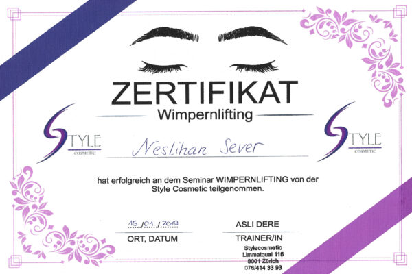 Nes Beauty Schaffhausen_Neslihan Sever_Zertifikat_Style Cosmetic_Wimpernlifting